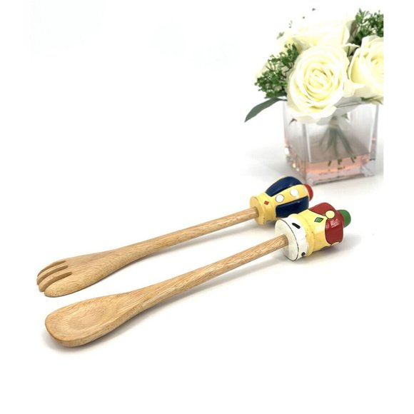 Vintage King & Queen Wooden Salad Serving Set Fork And Spoon Hand Painted Wood - Picture 5 of 9